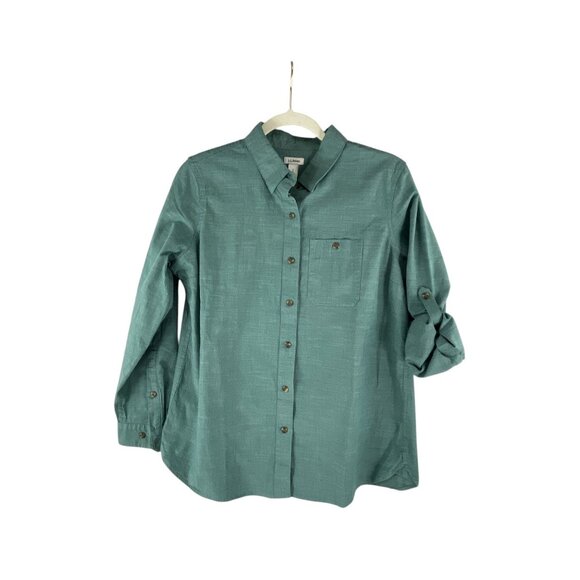 L.L.Bean Womens Long Roll Tab Sleeve Button-Down Shirt Sz S Green Cotton Casual - Picture 1 of 4